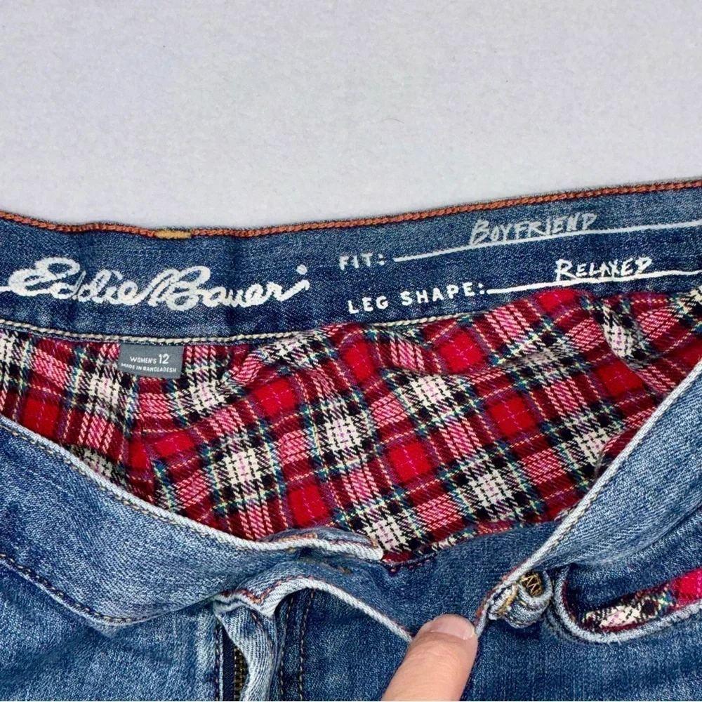 Eddie Bauer women’s flannel lined Boyfriend Relaxed blue jeans straight Sz 12